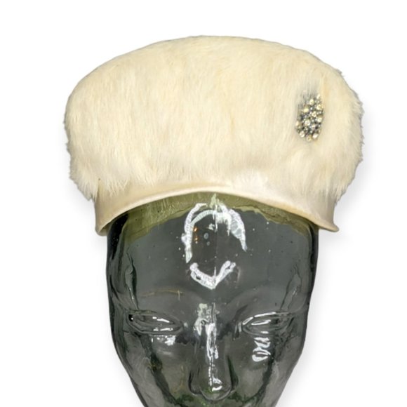 Vintage Ivory Rabbit Fur Pill Box Hat with Rhinestone Accent main image 5